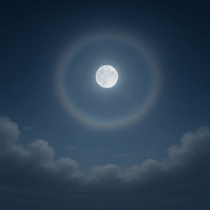 밤하늘 아래 구름 위에 나타난 희미한 원형 무지개. 달빛에 의해 만들어져 색이 옅고 부드러우며, 빛의 고리가 거의 흰색에 가까운 모습.