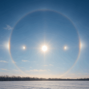 맑은 겨울 하늘에 태양 양옆으로 밝은 빛점이 나타난 모습.
태양 옆에 두 개의 둥근 빛이 보이며, 희미한 원형 띠가 하늘을 둘러싸고 있다.