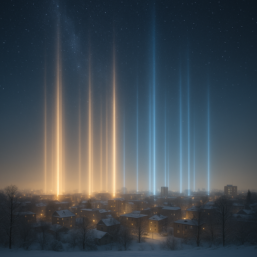 한겨울 맑은 밤, 도시 하늘 위로 수직으로 솟은 빛기둥. 얼음 결정에 반사된 불빛이 하늘로 이어지는 듯 보이며, 주변은 고요하고 차가운 분위기.