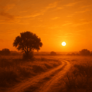 해가 낮게 위치한 골든아워 시간대, 하늘 전체가 따뜻한 금빛으로 물들고 길고 부드러운 그림자가 땅을 향해 드리워진 풍경.