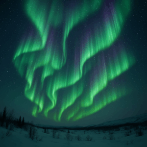 극지방 밤하늘에서 초록빛과 분홍빛의 오로라가 커튼처럼 길게 흐르며 퍼지는 모습