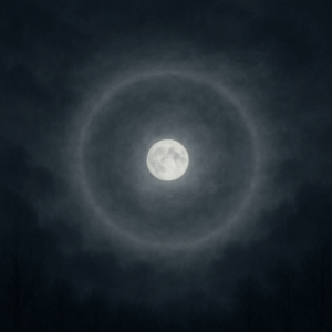 흐린 겨울밤, 달 주위를 둘러싸듯 커다란 희고 흐릿한 고리가 형성된 달무리 현상. 구름 속 얼음 결정이 달빛을 굴절시키며 만들어낸 모습.