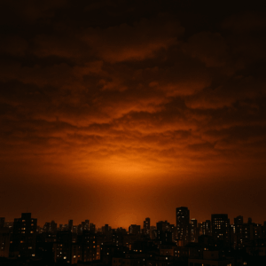 도시의 밤하늘에서 구름 아래로 주황빛이 넓게 퍼져 밝아 보이는 스카이글로우 현상