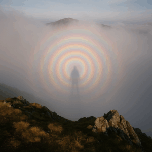 산 정상의 안개 위로 비친 사람의 그림자. 그림자 주변에 둥근 무지개빛 고리가 여러 겹 나타난 모습.