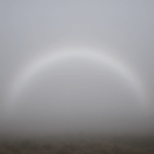 낮은 광원 빛이 균일한 안개 물방울층에서 미 산란·전방산란 보조 작용으로 색 분산 없이 넓고 흐린 흰빛 고리(Fogbow) 형태로 보이는 현상.