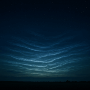 어두운 여름 밤, 지평선 위 희미한 파란빛과 은색의 가느다란 구름이 물결처럼 빛나는 야광운.