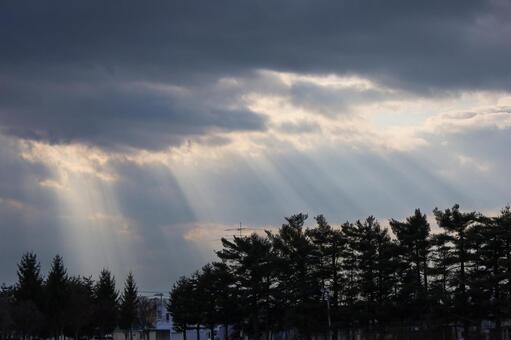 구름 사이 좁은 틈에서 여러 갈래의 빛줄기가 땅으로 내려와 부채 모양으로 펼쳐지는 장면. 해 질 녘 특유의 황금빛이 공기 중에 부드럽게 퍼져 있는 모습.