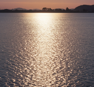 낮은 태양빛이 수면의 미세한 기울기에 반사되어 길게 이어진 반짝임 띠로 나타나는 윤슬의 자연광학 현상.