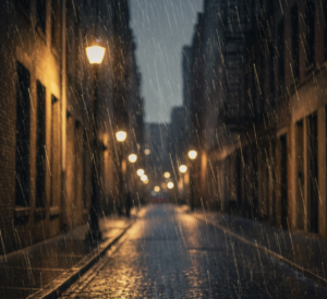 가로등 아래에서 떨어지는 빗방울이 빛을 머금어 가늘고 긴 실처럼 보이며 흔들리는 장면.