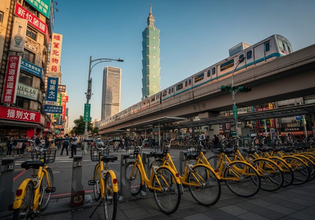 대만 타이베이의 상징인 101타워를 배경으로 노란색 유바이크와 깔끔한 타이베이 MRT(지하철)가 함께 보이는 활기찬 도심 풍경 사진