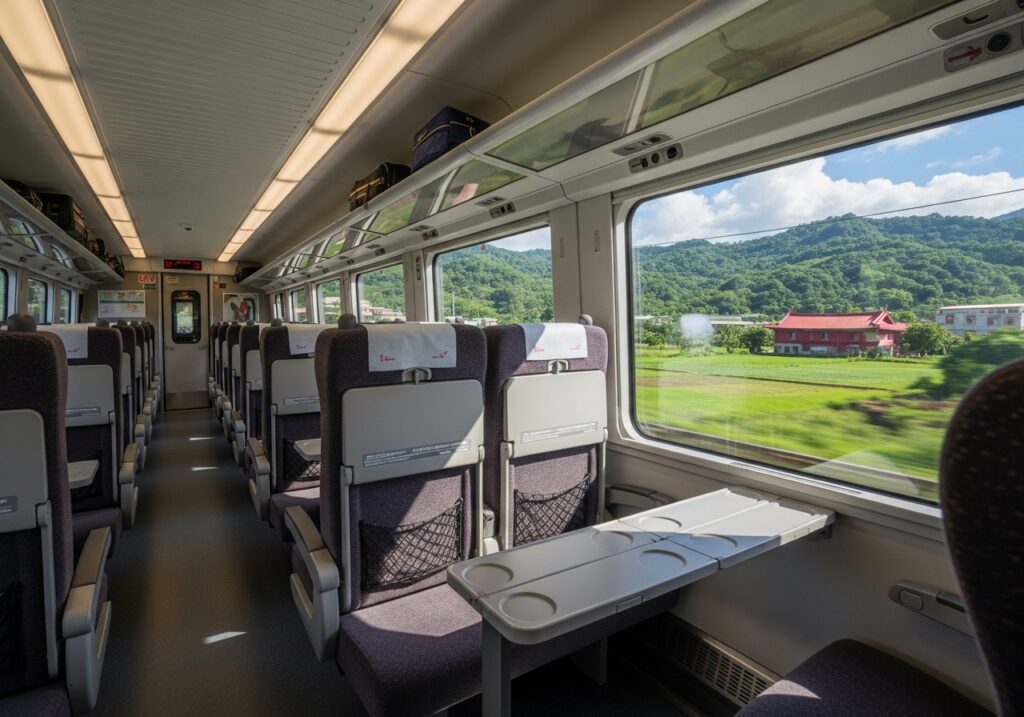 깔끔하게 정리된 대만 타오위안 공항철도의 내부 객실 모습과 차창 밖으로 보이는 대만의 풍경 연출 사진