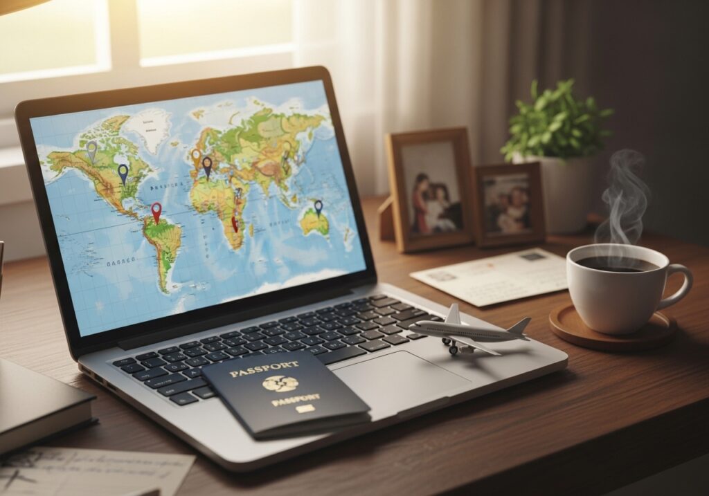 노트북 화면에 띄워진 세계 지도와 비행기 모형, 여권, 커피 한 잔이 놓인 감성적인 여행 준비 데스크탑 풍경