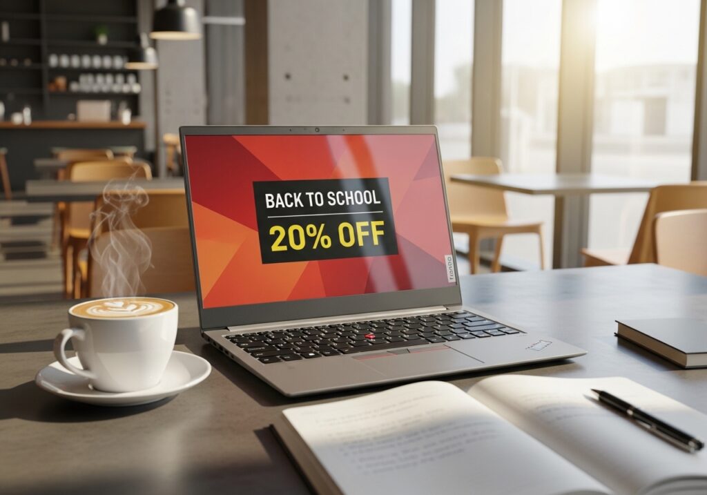 세련되고 얇은 레노버 씽크패드 노트북이 현대적인 대학 카페 테이블 위에 라떼와 함께 놓여 있다. 2026년의 따스한 봄 햇살이 창문을 통해 쏟아져 들어온다. 노트북 화면에는 "개학맞이 20% 할인" 프로모션 배너가 표시되어 있다. 첨단 기술적인 디자인, 8K 해상도, 사실적인 그래픽, 전문적이고 학구적인 분위기가 돋보인다.
