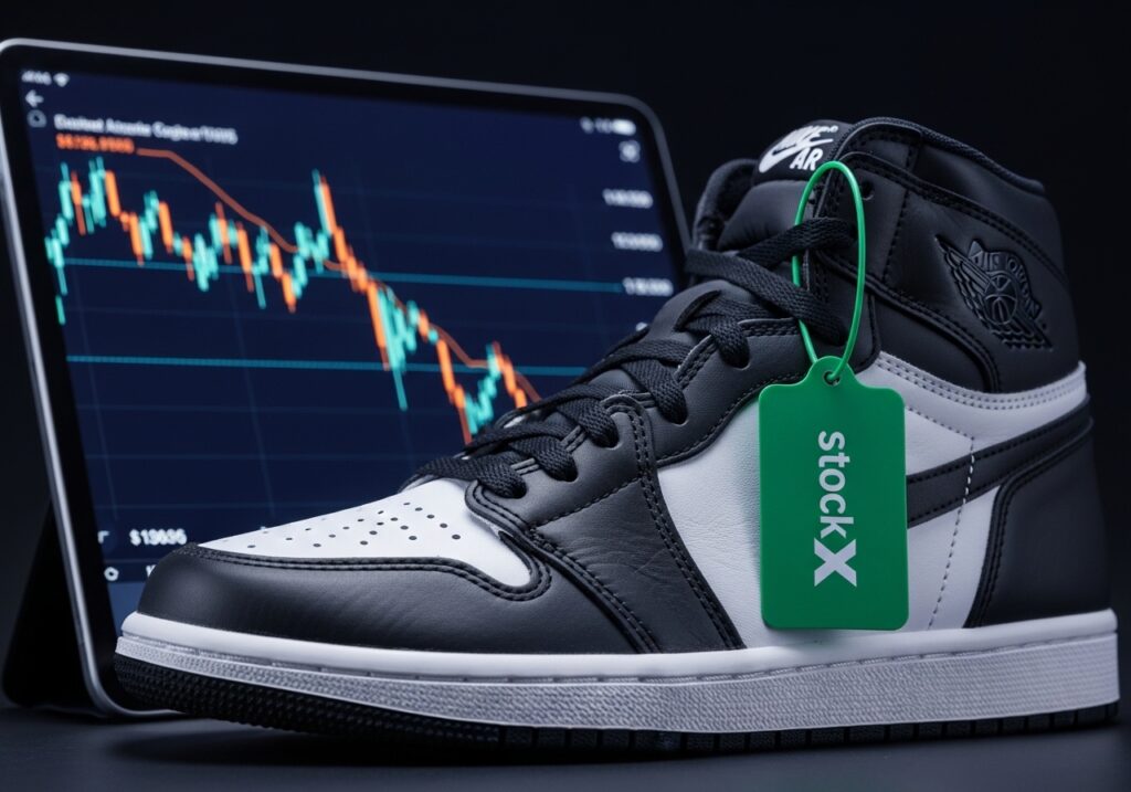 희귀한 한정판 나이키 에어 조던 1 스니커즈를 전문적으로 클로즈업 촬영한 사진입니다. 스니커즈에는 녹색의 StockX 정품 인증 태그가 부착되어 있습니다. 배경에는 고급 태블릿 화면에 디지털 주식 시장 스타일의 가격 그래프가 약간 하락하는 추세로 나타납니다. 모던하고 미니멀한 스트릿 패션 스타일, 8K 해상도, 영화 같은 조명, 시원한 파란색과 주황색 톤이 조화를 이룹니다.