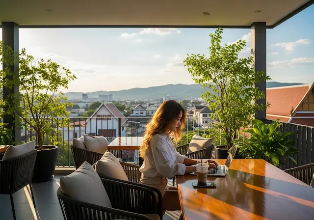 태국 치앙마이 님만해민의 세련된 인테리어를 갖춘 콘도 테라스에서 한국인 여성 모델이 노트북을 켜고 화창한 날씨를 배경으로 업무를 보는 모습